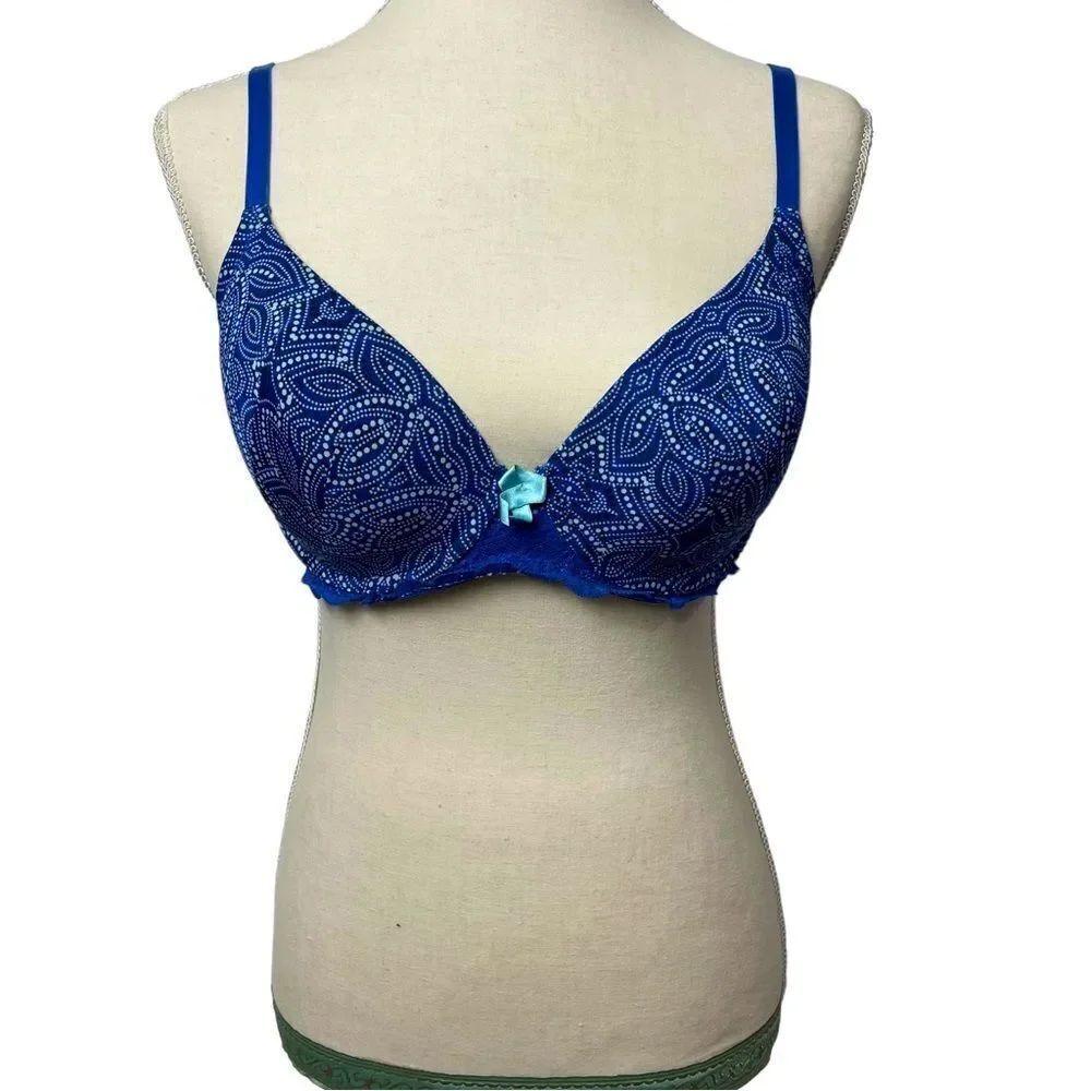 Adore Me Royal Blue Black White Tee Shirt Bra adjustable straps polka dots 34DD